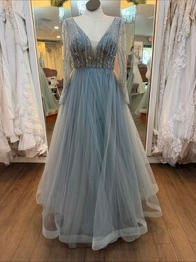 Elegant Beaded V-Neck Long Sleeve Tulle Gown in Dusty Blue